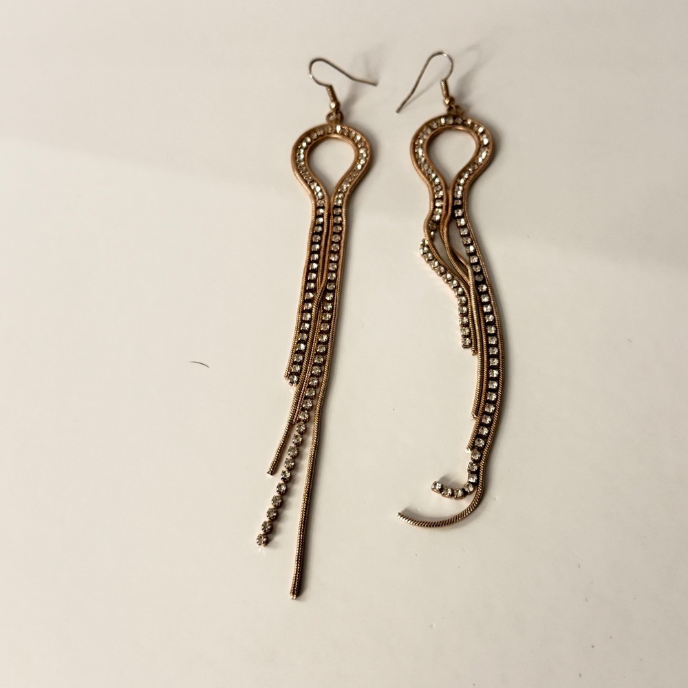 Drop Earrings Rose Gold Tone Rhinestone Fringe Designer Inspired Statement